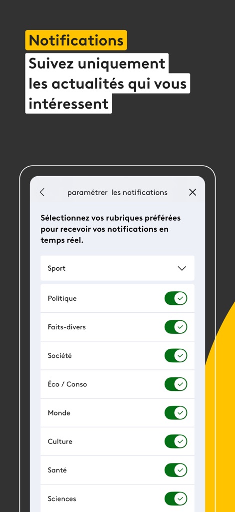 franceinfo: l’info en continu - The app allows for granular control over notifications, enabling users to activate or deactivate alerts for specific news categories via intuitive toggle switches.