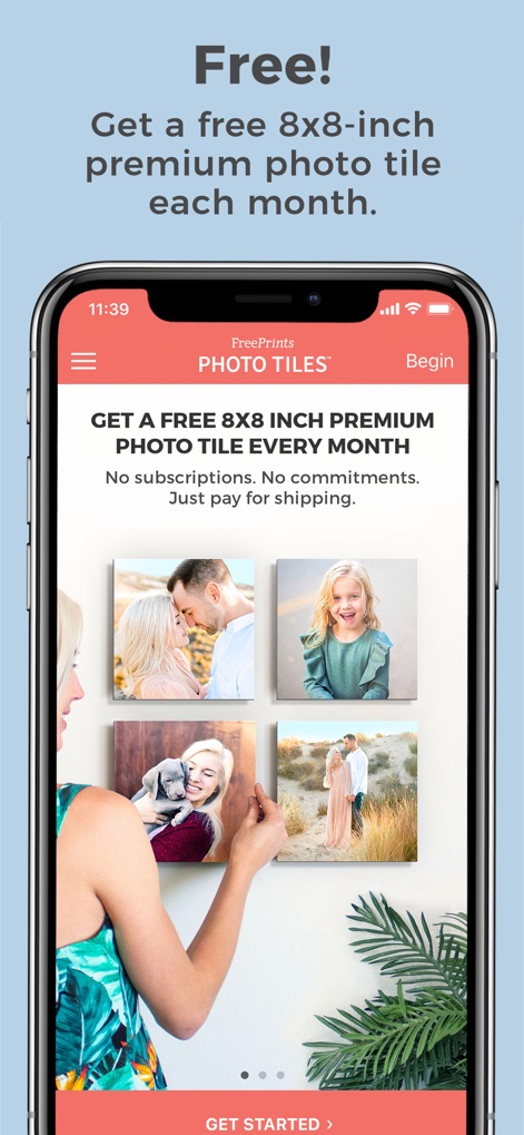 FreePrints Photo Tiles - The app demonstrates how users can receive a free 8x8-inch premium photo tile monthly and visualize their personalized photo arrangements directly on a wall.