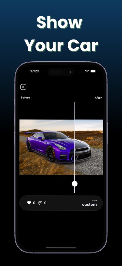 Mody : AI Car Modifications - Users can precisely compare modifications with an interactive "Before & After" slider, showcasing the transformation, and view the applied "custom" style.
