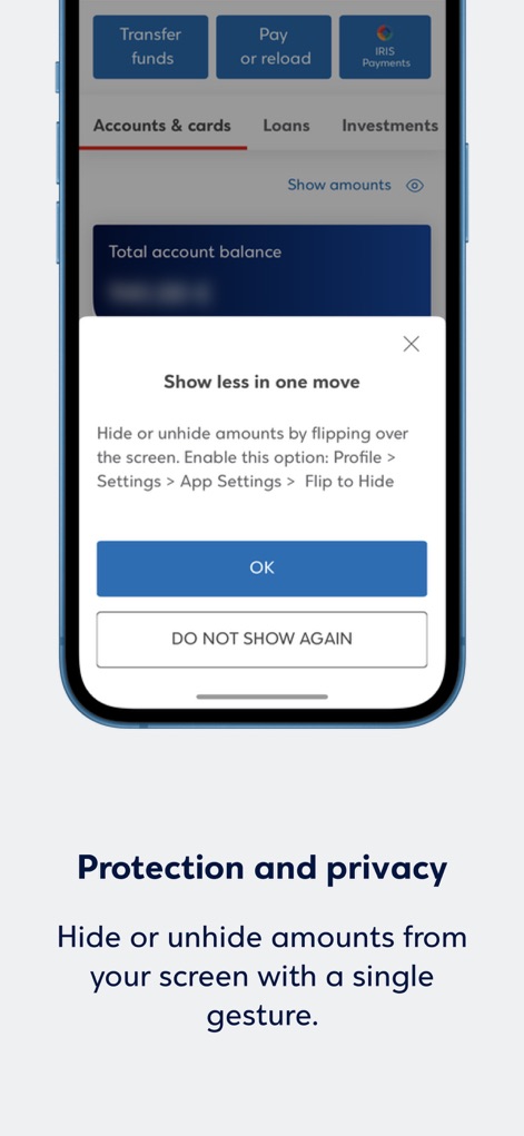 Eurobank Mobile App - Users can protect sensitive financial data by utilizing the 'Hide amounts' feature, ensuring privacy with a single gesture or setting adjustment.