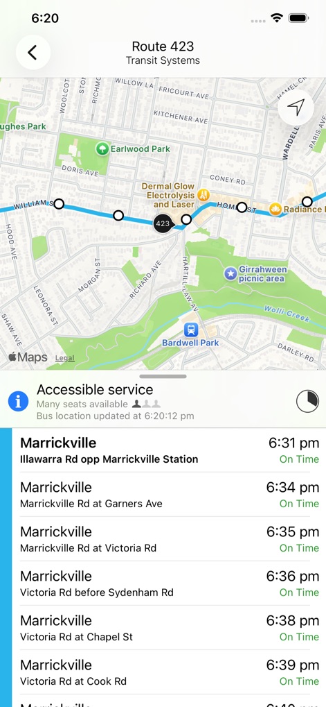 TripView Lite - Explore specific 'Route 423' paths on an interactive map and view essential 'Accessible service' details, ensuring informed travel for all passengers.