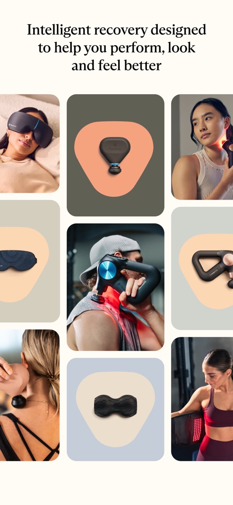 Therabody - L'app presenta l'ecosistema Therabody, mostrando diversi prodotti come il massaggiatore Theragun e il dispositivo per la cura del viso TheraFace PRO, che si integrano per un benessere completo.