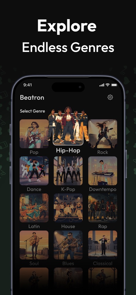 Beatron : AI Song, Music Maker - Die Seite "Explore Endless Genres" lädt dazu ein, eine breite Palette musikalischer Stile zu erkunden, dargestellt durch genre-spezifische Bilder und Auswahlmöglichkeiten von 'Hip-Hop' bis 'Classical'.