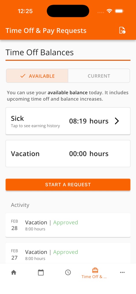 Workforce Tools - The tool empowers users to monitor their 'Time Off Balances' for sick and vacation hours, and seamlessly 'Start a Request' for leave.