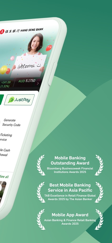 Hang Seng Personal Banking - This tool highlights its industry accolades, including the "Mobile Banking Outstanding Award" and recognition as the "Best Mobile Banking Service in Asia Pacific."