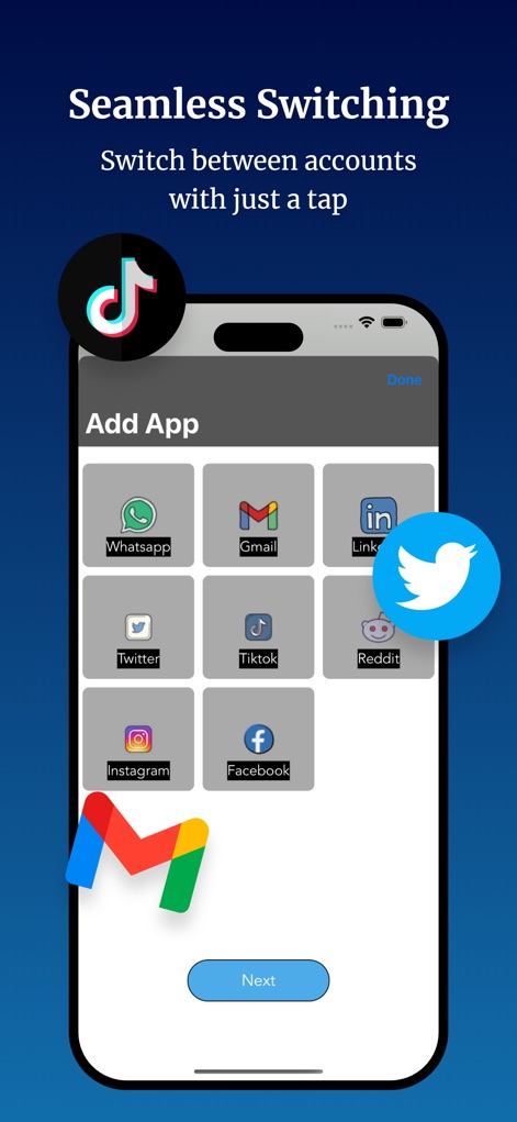 2Accounts: Dual Parallel Space - The app reveals its 'Add App' interface, allowing users to effortlessly integrate new platforms from a diverse array of popular platform icons, ensuring rapid account expansion.