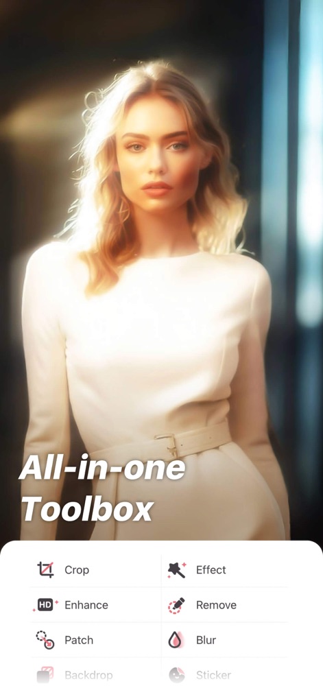 Perfect Me: AI Portrait Editor - Explore the comprehensive All-in-one Toolbox, providing users with a vast array of editing capabilities including "Enhance" for quality improvements and "Remove" for unwanted elements.
