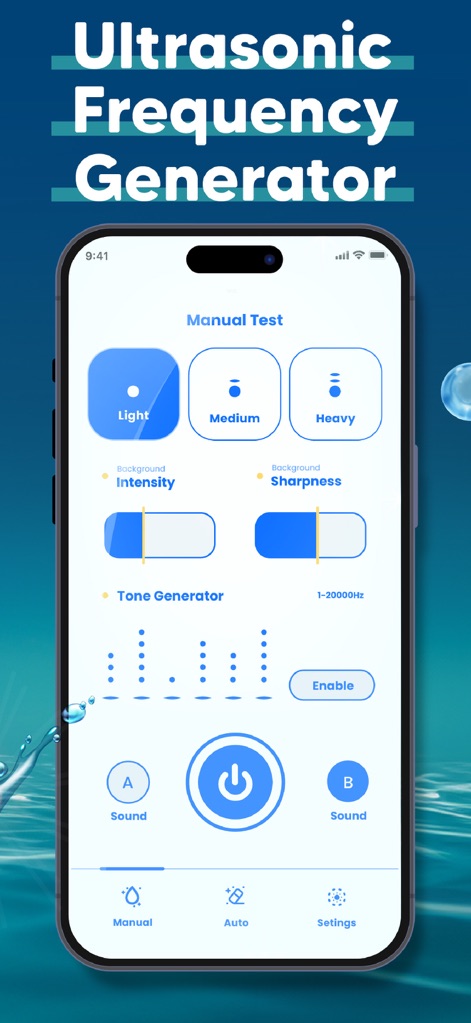 Water Eject - Clear Wave PRO - Explore the "Manual Test" interface, showcasing customizable "Intensity" and "Sharpness" sliders alongside the "Tone Generator" with its broad frequency range.
