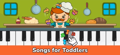 Baby Piano for Kids & Toddlers - Cet écran met en avant la fonctionnalité de piano, permettant de jouer des mélodies enfantines classiques sur un clavier visuel et coloré, agrémenté de personnages thématiques amusants pour capter l'attention.