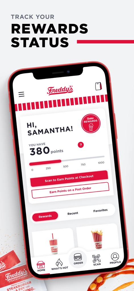 Freddy’s - Users can effortlessly track their loyalty points total and monitor progress towards rewards, clearly displaying current points and available earning options.