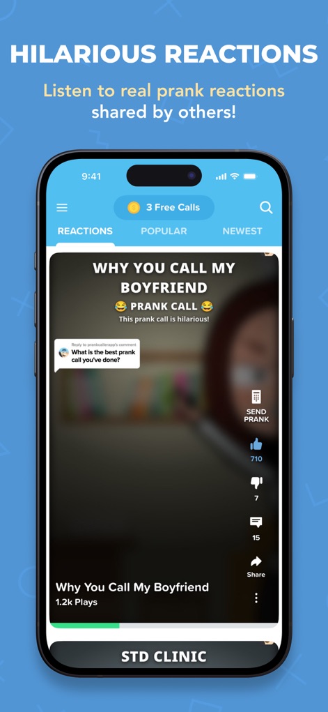 Prank Caller - Phone Dial App - Users can explore a dedicated reactions hub, featuring shared videos of hilarious prank outcomes and social engagement metrics like likes and comments.