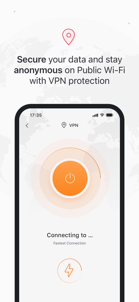 TotalAV - This screen demonstrates the app's VPN actively "Connecting to..." ensure privacy and features a prominent power button for easy control over secure browsing.