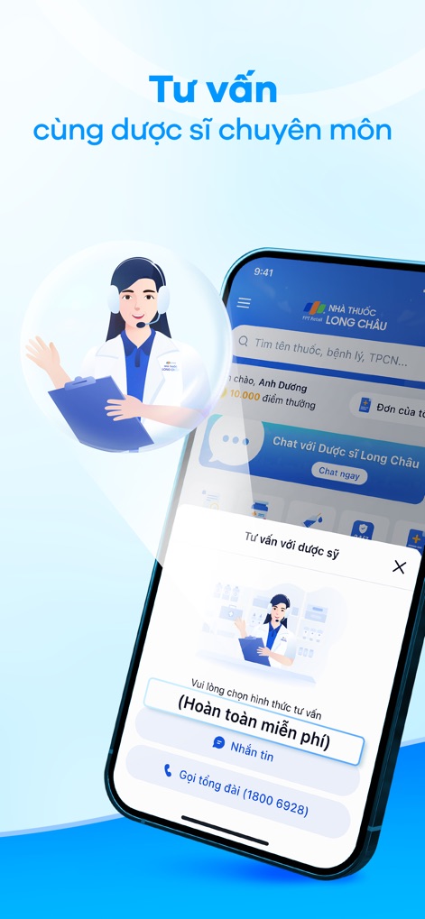 Long Châu - Chuyên gia thuốc - Cet outil offre un accès direct à des pharmaciens experts via une fonction de chat instantané ou un appel téléphonique au service client, assurant des conseils professionnels gratuits.