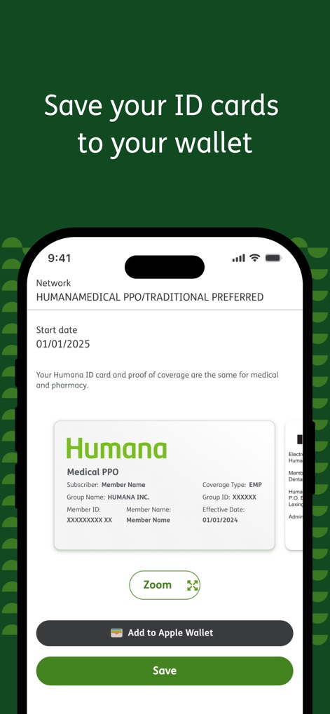 MyHumana - O aplicativo facilita o acesso ao seu cartão de identificação Humana, com a opção de "Zoom" para detalhes e integração direta com a "Apple Wallet" para conveniência.
