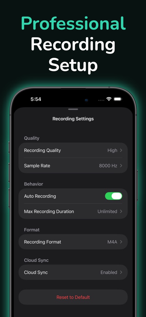 Mic to Speaker - Virtual Mic - This screen empowers users with advanced control over recording parameters, including configurable recording quality and convenient automatic cloud synchronization options.