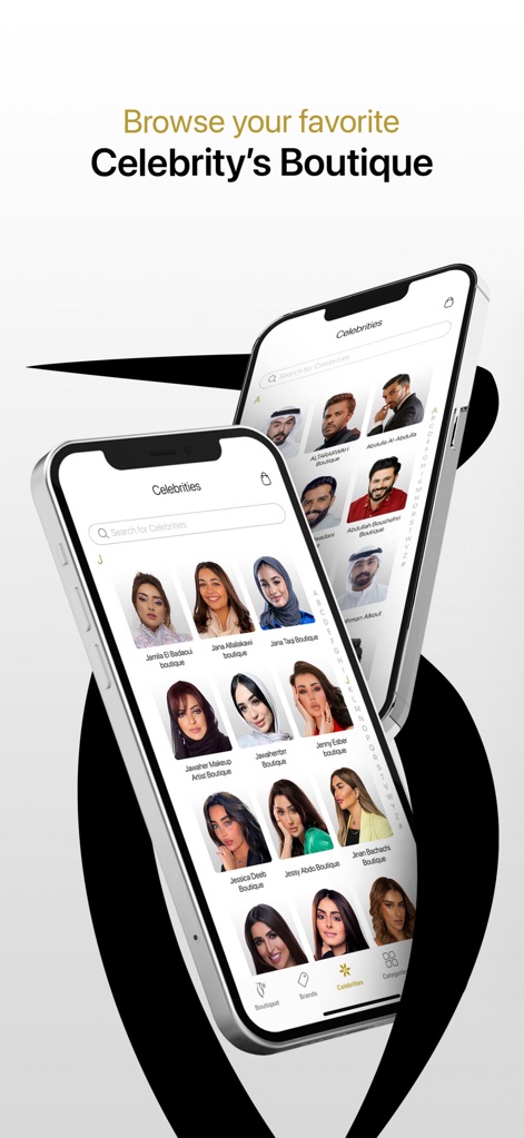 Boutiqaat بوتيكات - Users can effortlessly navigate curated selections from influential personalities, utilizing the prominent search bar and visually engaging celebrity profile cards for discovery.