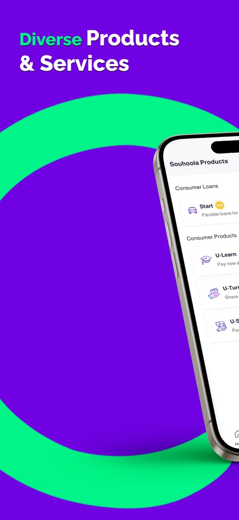 Souhoola - سهولة - This screen illustrates the "Souhoola Products" catalog, detailing options like "Consumer Loans" and specialized financing under "Consumer Products" such as U-Learn.