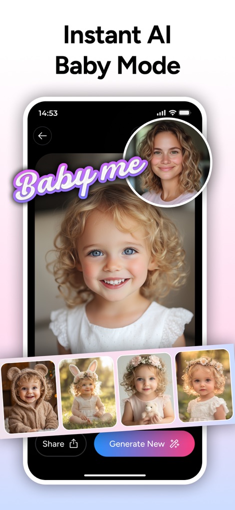 AI Baby Generator - TinyFaces - Instantly transform a single photo into an adorable AI baby, with a collection of charming baby costume previews available below the main result.