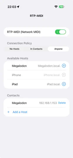 Capture d'écran de RTP-MIDI (Network MIDI) sur iPhone 1