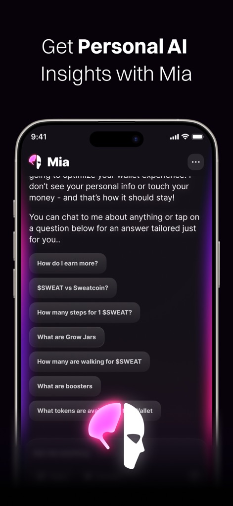 Sweat Wallet: Walk Into Crypto - La función 'Mia, Your AI Assistant' ofrece 'personalised insights' y una serie de preguntas predefinidas para guiar a los usuarios, simplificando la gestión de sus finanzas y progreso.