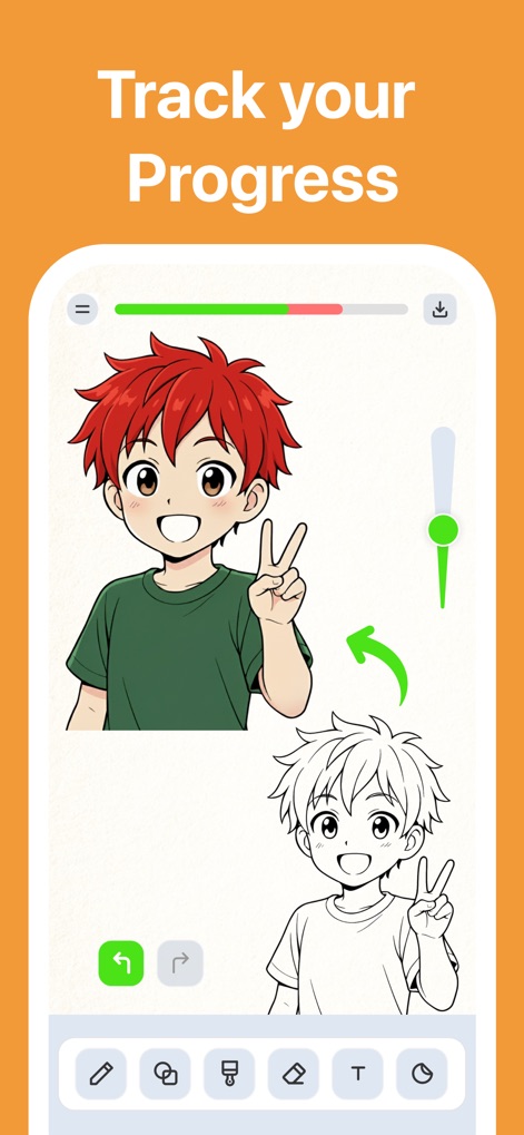 Drawing Desk: Sketch Paint Art - トップバーの進捗状況追跡機能で、ユーザーは作品の完成度を一目で確認できます。また、下部の直感的な編集ツールで簡単に修正や調整が可能です。