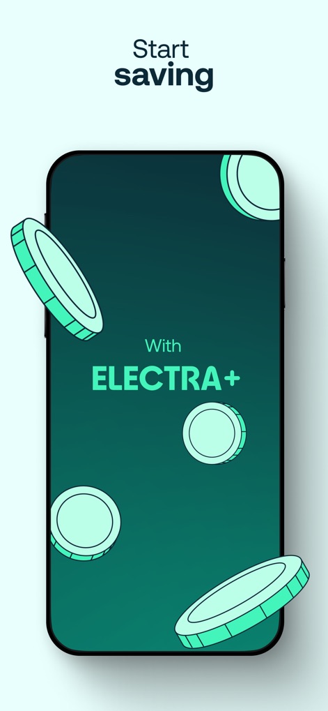 Electra - Fast Charging Hubs - Users can discover the financial advantages of "ELECTRA+" membership, prominently featuring its branding and illustrative coin graphics that symbolize cost savings.