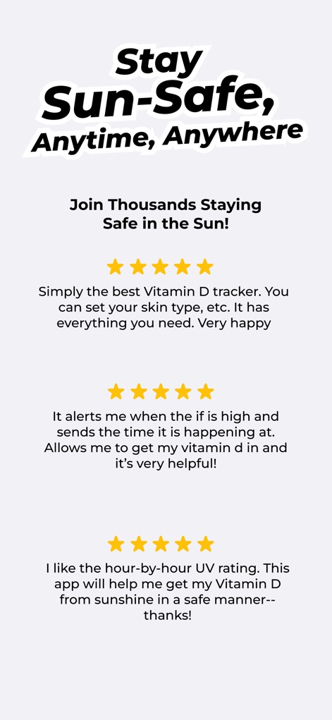 SunSafe: UV Index & Tanning - このアプリは、多くのユーザーから5つ星評価のカスタマーレビューを獲得しており、具体的な利用者の体験談からその信頼性と効果が伝わります。