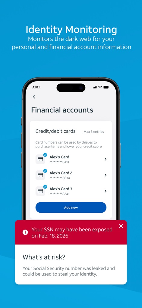 AT&T ActiveArmor® - The app keeps users informed about their financial health by displaying linked "Credit/debit cards" and issuing crucial alerts like "Your SSN may have been exposed".