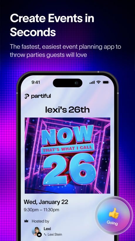 Partiful: Party Invite Maker App Store screenshot 1, headline “Create Events in Seconds”. Leads with a feature.