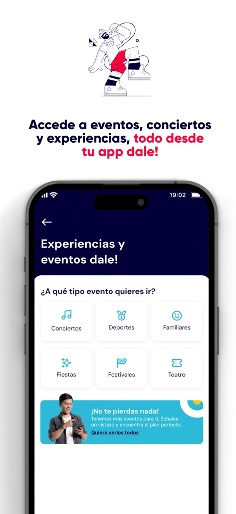 dale! Colombia - Explore a diverse range of entertainment options, with specific categories for 'Conciertos' and 'Fiestas,' all managed directly within the app.