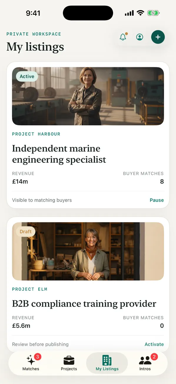MergerMatch private seller listings screen