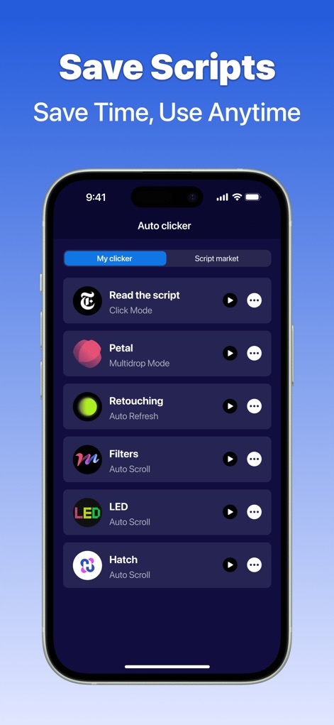 OP Auto Clicker: Automatic Tap - The app centralizes user workflows with its script management feature, providing a clear list of saved scripts and access to a "Script market" for diverse automation needs.