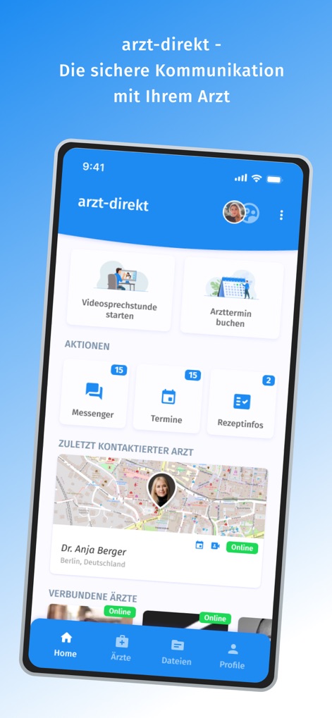 arzt-direkt - Die Startseite bietet direkten Zugriff auf Funktionen wie den „Videosprechstunde starten“-Button und zeigt den „Zuletzt kontaktierten Arzt“ inklusive Karte an.