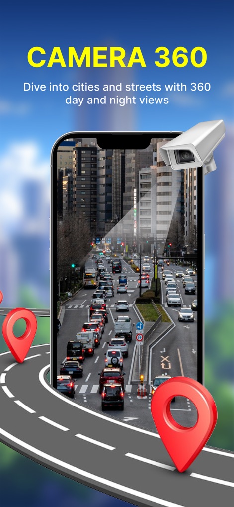 GPS Photo Stamp Camera Map - ユーザーは、このアプリの360度カメラビュー機能と、昼夜問わず切り替わる視点で、世界の街並みや交通状況を臨場感たっぷりに探索できます。