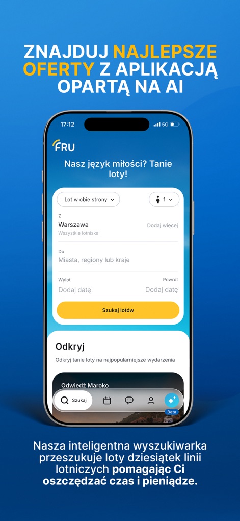 FRU - Tanie loty - Dieses Bild zeigt die benutzerfreundliche Suchmaske für Flüge mit Feldern wie der Auswahl „Lot w obie strony“ (Hin- und Rückflug) und der prominenten Schaltfläche „Szukaj lotów“ (Flüge suchen).