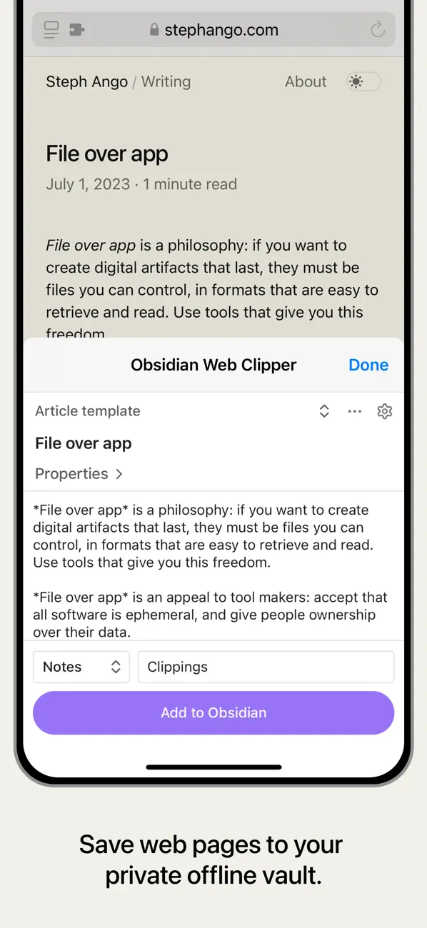 Screenshot #1 pour Obsidian Web Clipper