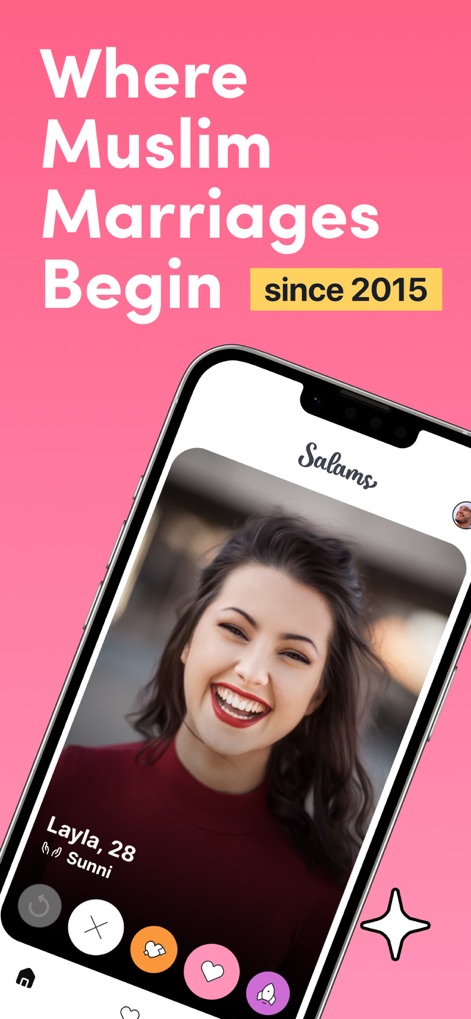 Salams: Halal Muslim Marriage - Cet outil présente des profils utilisateur détaillés, tels que celui de Layla, 28 ans et de confession sunnite, soulignant son ancienneté dans les unions musulmanes depuis 2015.