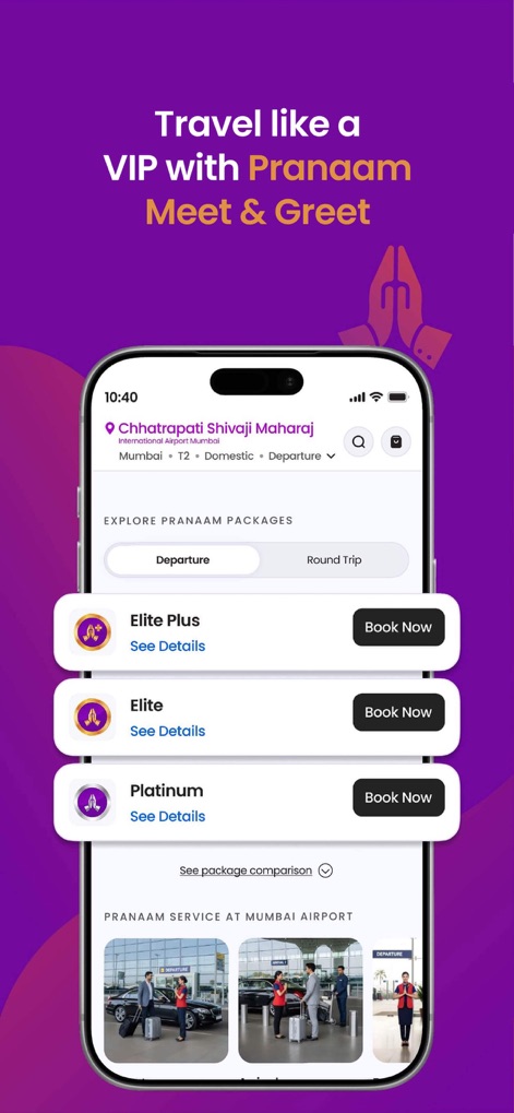 Adani OneApp: For Smart Travel - This tool offers various premium 'Pranaam Service' packages, including Elite and Platinum options, clearly depicting executive assistance for a smooth airport experience.
