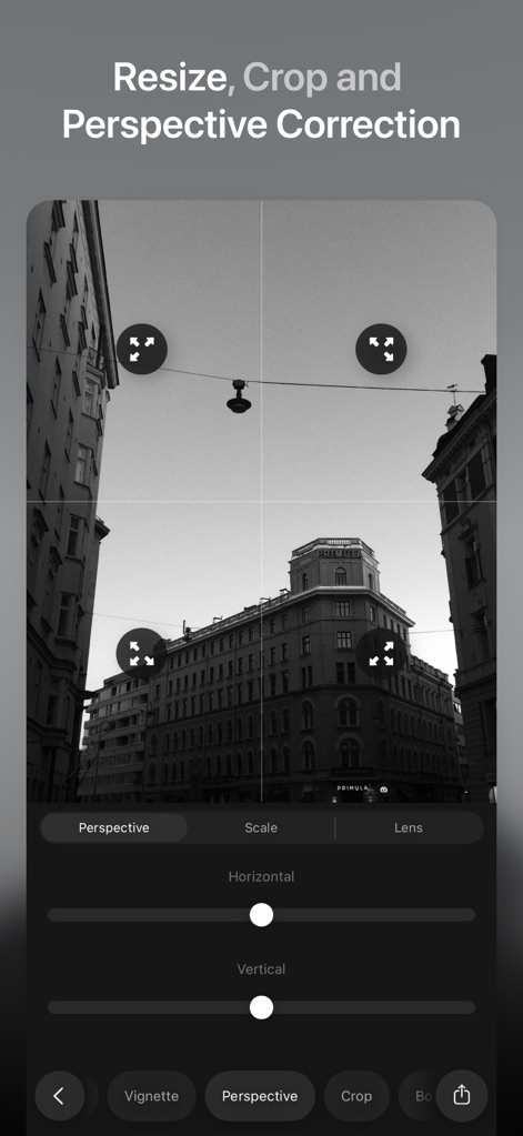 Ultralight: Photo Video Editor - Observe the app's dynamic "perspective correction grid" for straightening lines and leveraging its intuitive "crop and resizing tools" to perfect image composition.