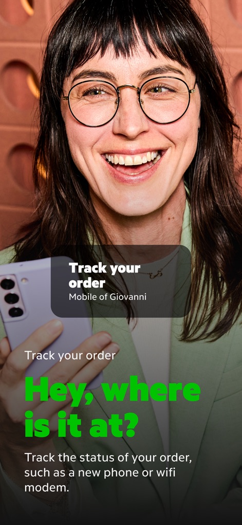 MijnKPN - The app provides transparent order monitoring, showcasing a dedicated card for "Track your order" and the ability to view details like "Mobile of Giovanni."