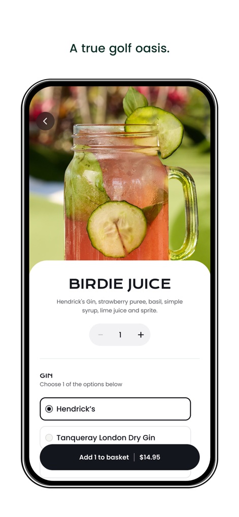 PopStroke - 本画面では、「BIRDIE JUICE」のような魅力的なドリンクの詳細情報と、Hendrick'sとTanquerayのどちらかを選択できるジンオプションにより、ユーザーは好みに合わせて注文をカスタマイズできます。