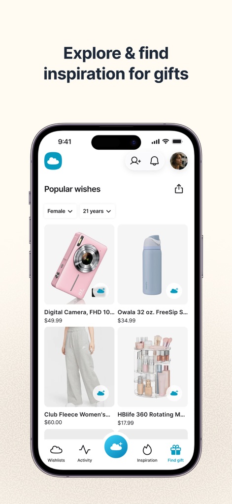 GoWish - Your Digital Wishlist - This tool helps users discover gift ideas through curated 'Popular wishes' and convenient filtering options by categories like age or gender.
