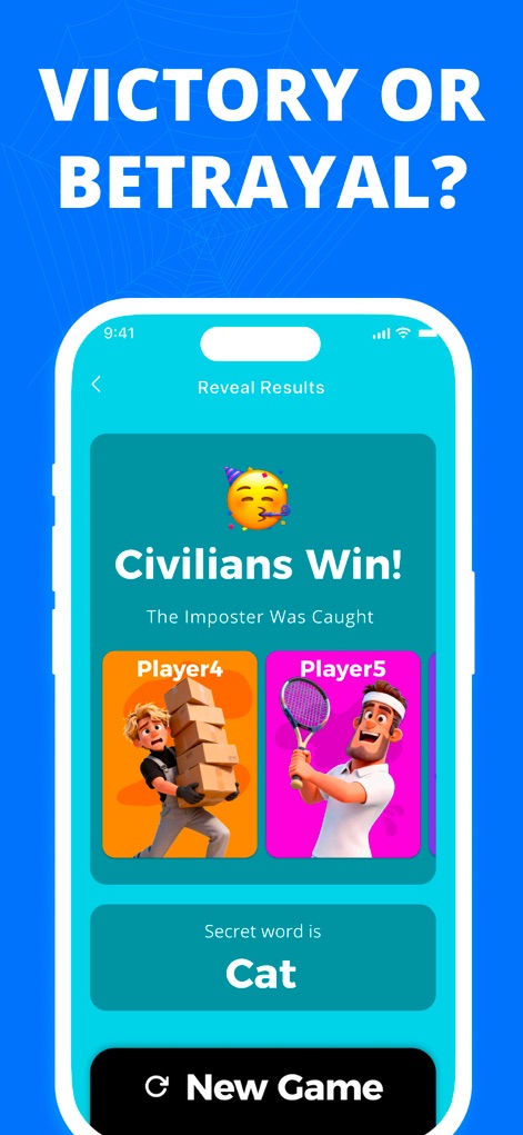 Imposter Game: Spark PartyPass - The app clearly displays the "Civilians Win!" outcome and reveals the "Secret word is Cat," concluding the game session.