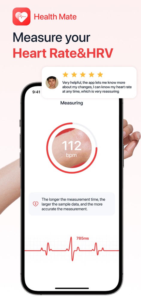 iHeart-Pulse Rate Monitor App. - See how the app displays the current heart rate in BPM and provides a detailed waveform graph for measurement accuracy.