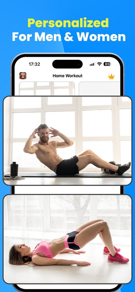 Home Workout - Fitness Planner - The app provides personalized workout plans for both men and women, featuring diverse exercises like crunches and glute bridges.