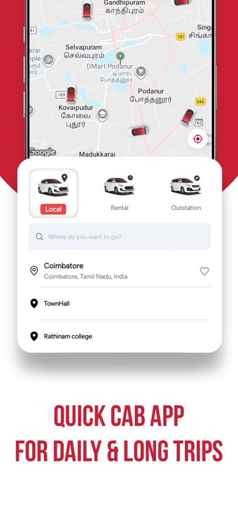 Red Taxi - Cab Booking App - The app offers diverse service options like Local or Rental rides, all accessible through a clear location search interface.