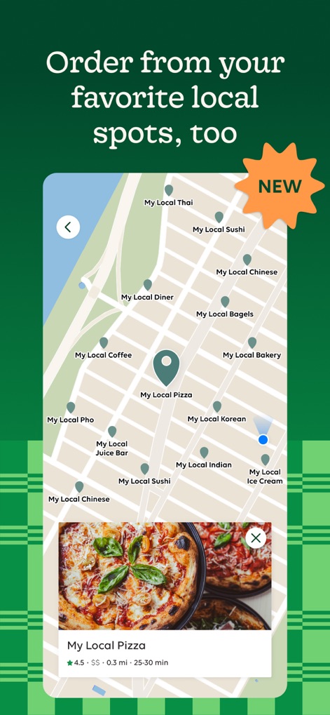 Wonder: Food Delivery - The app provides an intuitive map view for discovering local restaurants and displays a detailed card for selections like 'My Local Pizza', complete with ratings and estimated delivery time.