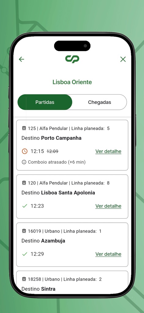 Comboios de Portugal - L'application présente des onglets distincts pour les départs et les arrivées, affichant clairement l'heure prévue et les informations de retard pour chaque train.