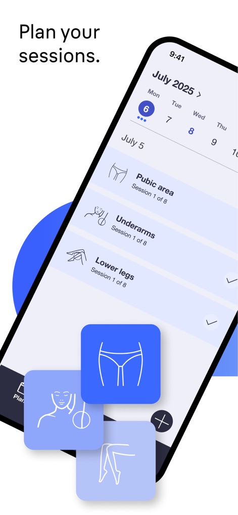 Braun IPL app - Users can effortlessly plan their sessions using a clear monthly calendar view and a detailed list displaying sessions for various body parts with icons.