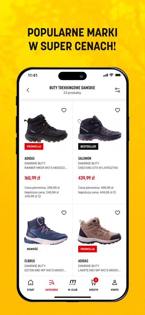Martes Sport - A galeria apresenta uma seleção de 'BUTY TREKKINGOWE DAMSKIE', com calçados de marcas populares como Adidas e Salomon, claramente identificados por etiquetas de 'PROMOÇÃO' e 'BESTSELLER'.